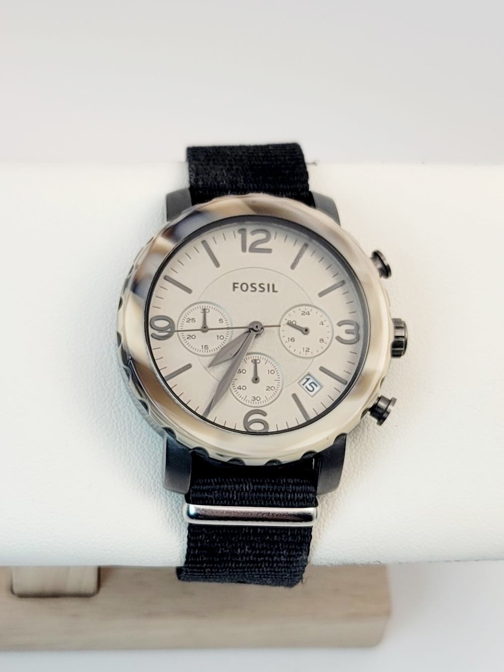 Fossil Natalie JR1383 Chronograph Watch Gunmetal Tortoise Bezel Beige Dial